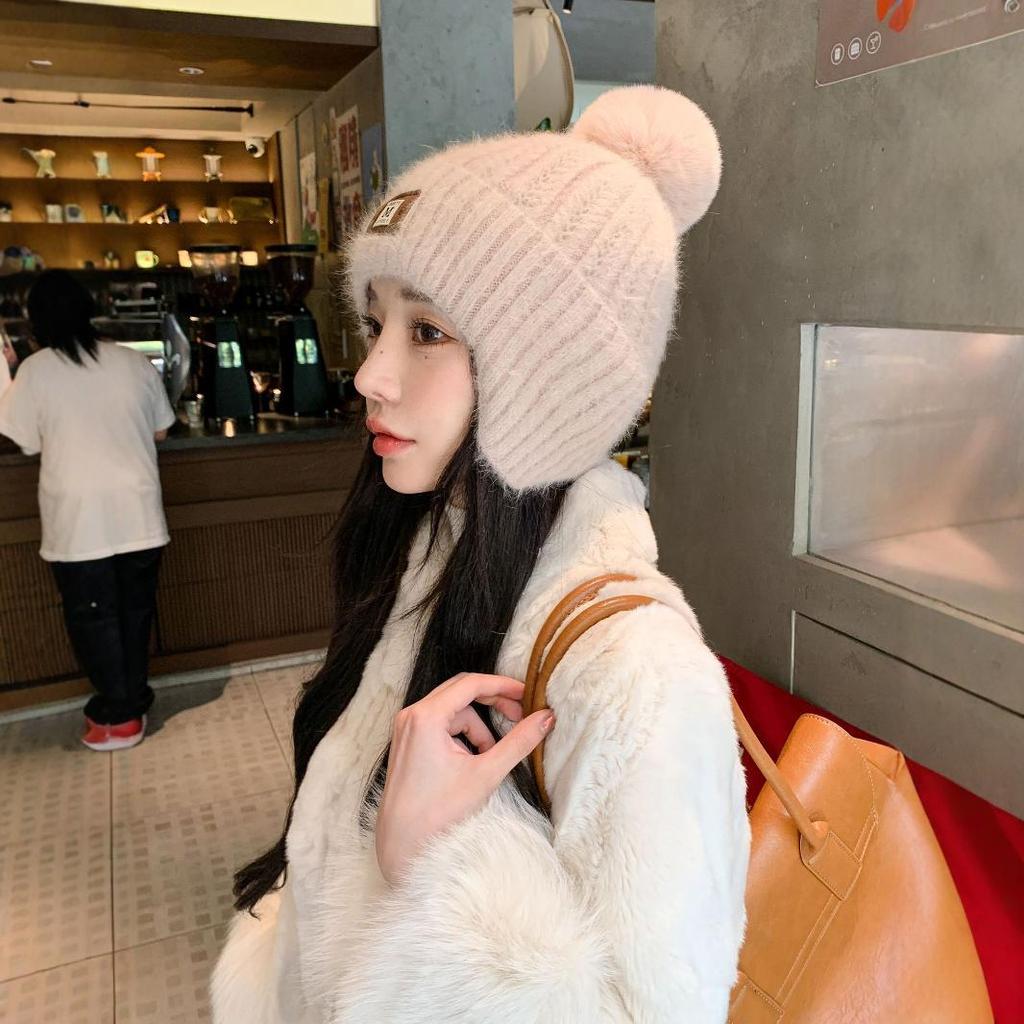 New Autumn and Winter Plush Warm Knitted Hat for Women Sweet and Cute Plus Velvet Ear Protection and Cold Proof Woolen Hat