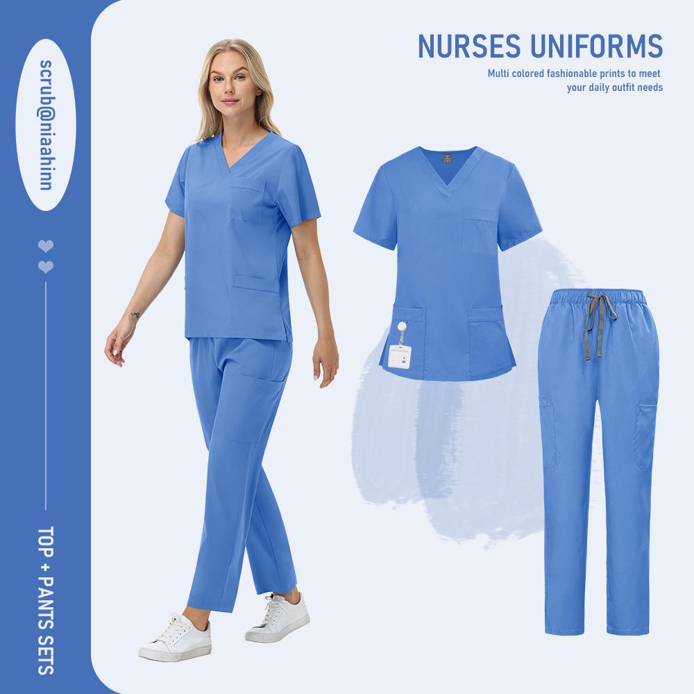 Nursing Surgical Uniforms Woman V-Neck Short Sleeved Uniform Scrub Sets Wholesale Lab Beauty Salon Workwear Pet Doctor Nurse Set