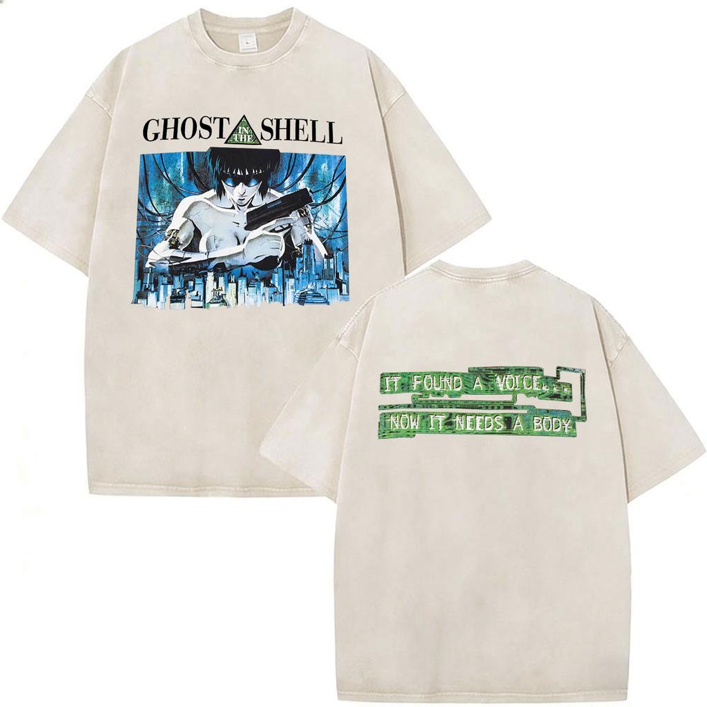 Anime Ghost In The Shell Motoko Kusanagi Vintage Washed T Shirts Men Women Clothing Casual Short Sleeve Oversized Tshirts Tops