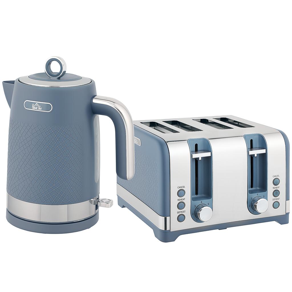 Sleek Textured Kettle and Four-Slice Toaster Set - Blue
