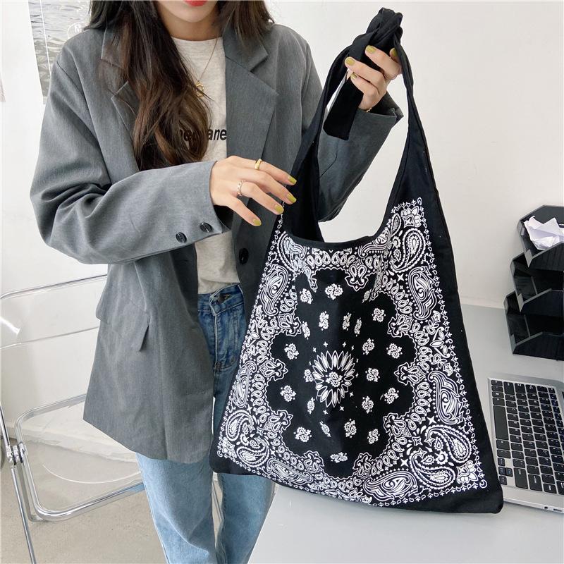 Retro Women Handbag Canvas Shoulder Bag Big Size Handbag Tote Ladies Casual Flower Printing Shoulder Bag