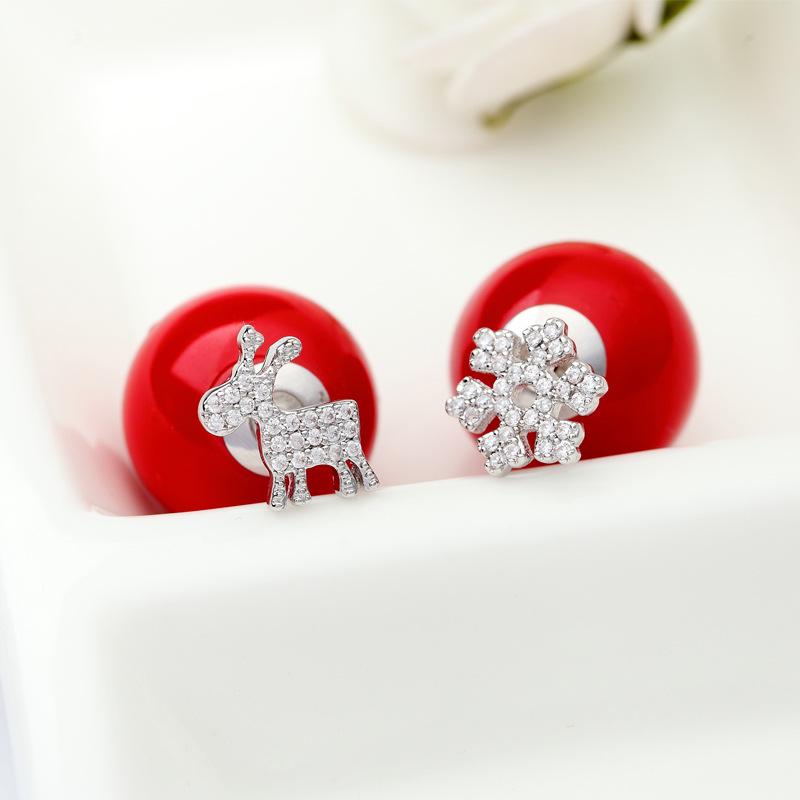 Snowflake Reindeer Antler Pearl Stud Earrings 925 Micro-Paved Christmas Gift