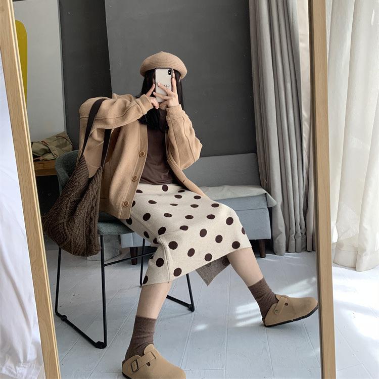 

Юбка-карандаш Женская Модная Вязаная Миди-юбка в горошек с высокой талией Облегающая Утепленная юбка с разрезом 3XL