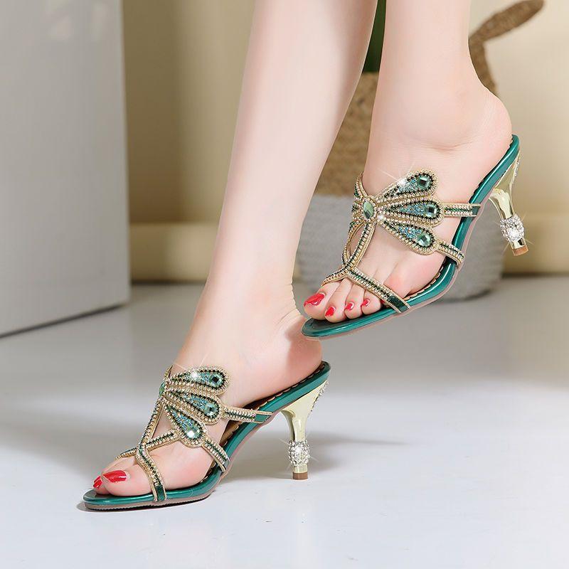 Fashion Summer Rhinestone Sandals Genuine Leather Glitter Women Open Toe Sandals High Heels Party Shoes Gladiator Sandals Wedding Shoes