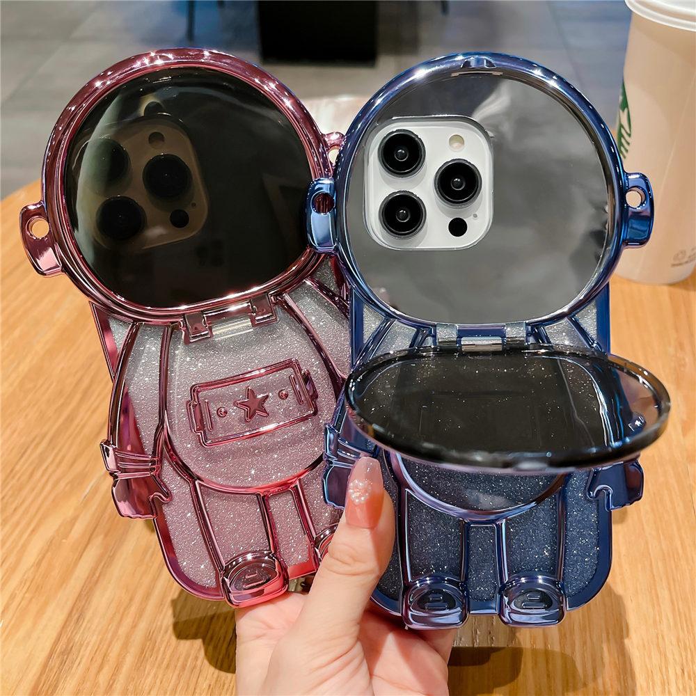 Glitter Astronaut Clear Phone Case For iPhone 16 15 14 Plus 13 12 11 Pro Max Crossbody Mirror Stand Cover