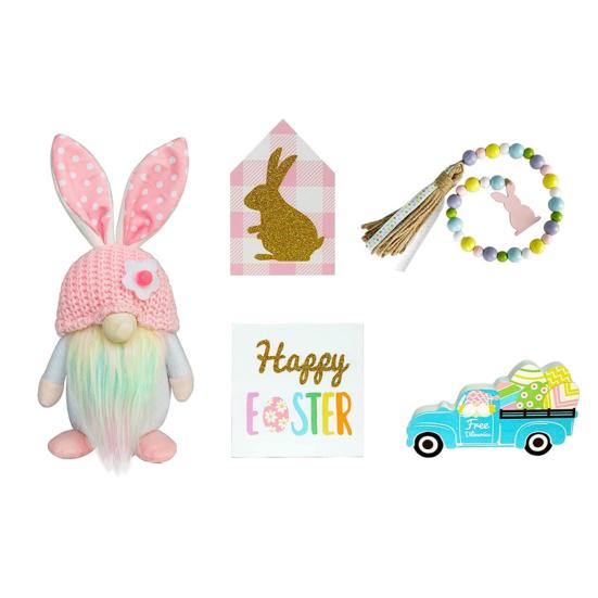 

1 комплект многоуровневого орнамента на подносе, очаровательный пасхальный кролик, гном и набор деревянных знаков для украшения дома, фестиваля Sets