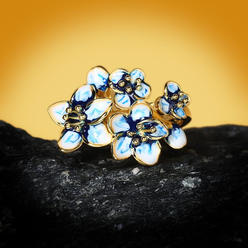 925 Creative Blue Flower Enamel Epoxy Zircon Ring For Women Jewelry Wedding Party Engagement Ring Bohemia