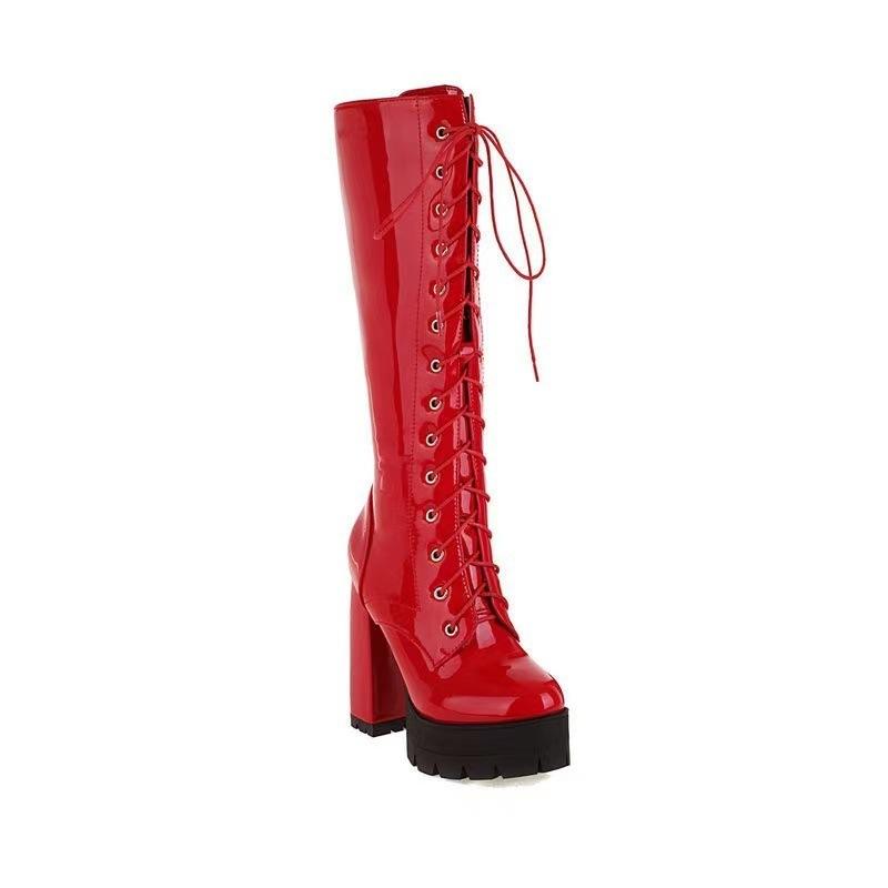 Autumn and winter new European and American style knight boots large size super high heel front lace-up patent leather fashion women's boots