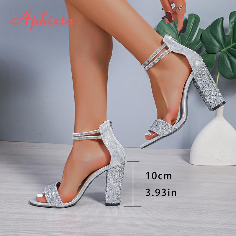 Aphixta Crystal Peep Toe Summer Sandal Luxury 10cm Square Heel Sandals Bling Silver High Heels Party Woman Shoes Pimp Size 43