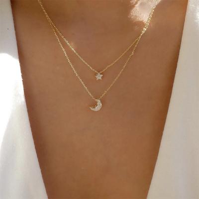 Women Two Layer Crystal Star Crescent-Shaped Pendant Necklace