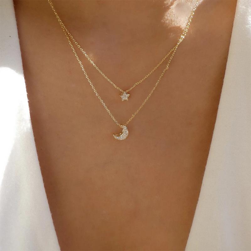 

Women Two Layer Crystal Star Crescent-Shaped Pendant Necklace one size