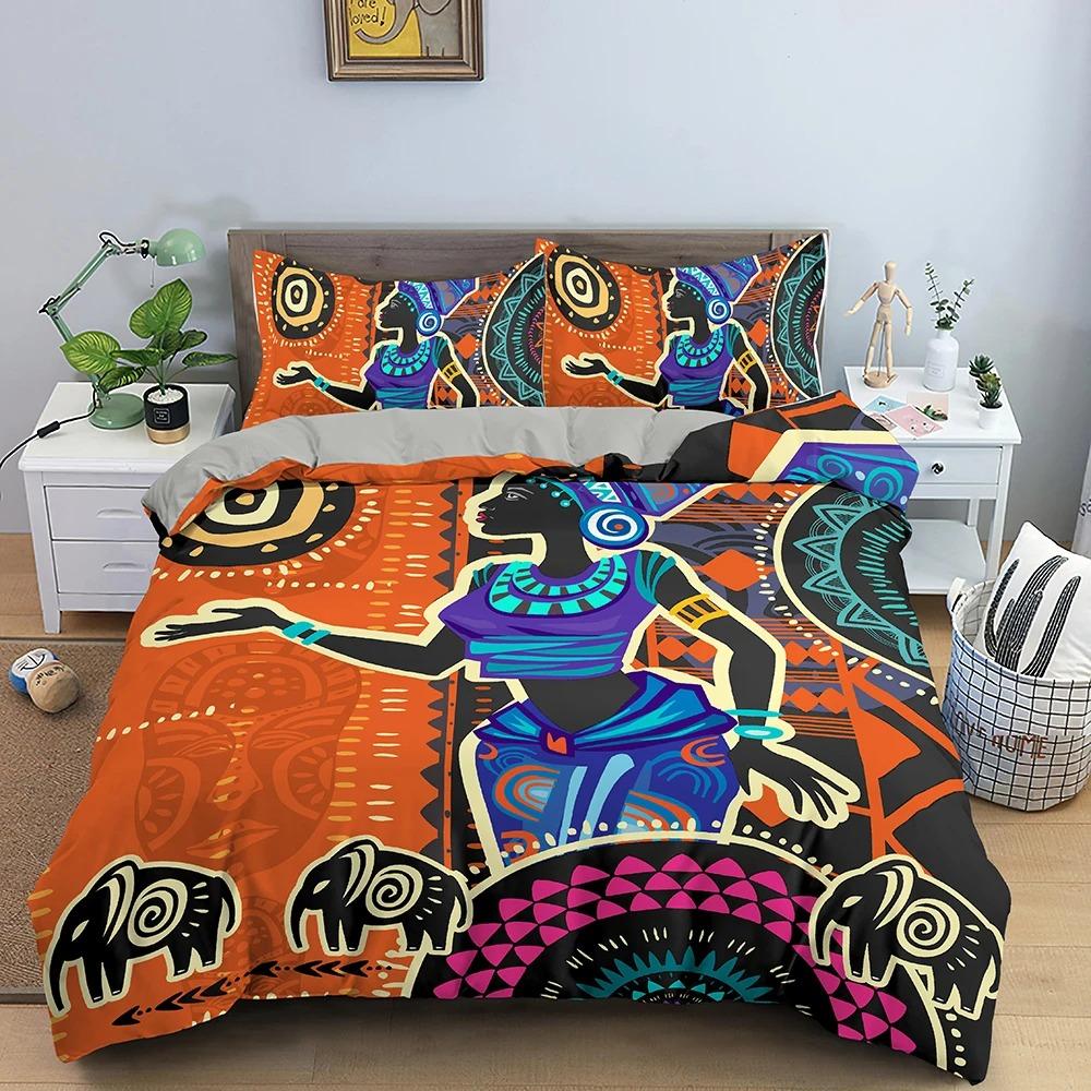 Afrikanisches Ethno-Bettwäsche-Set Orange Böhmischer Stil Bettbezug King Queen Vintage Frau Polyester Bettdeckenbezug für Teenager Erwachsene