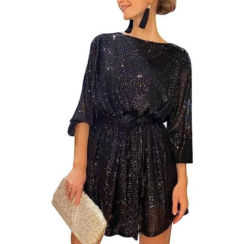 Women Sequins Round Neck Long Sleeve Casual Commute Bodycon Mini Dress