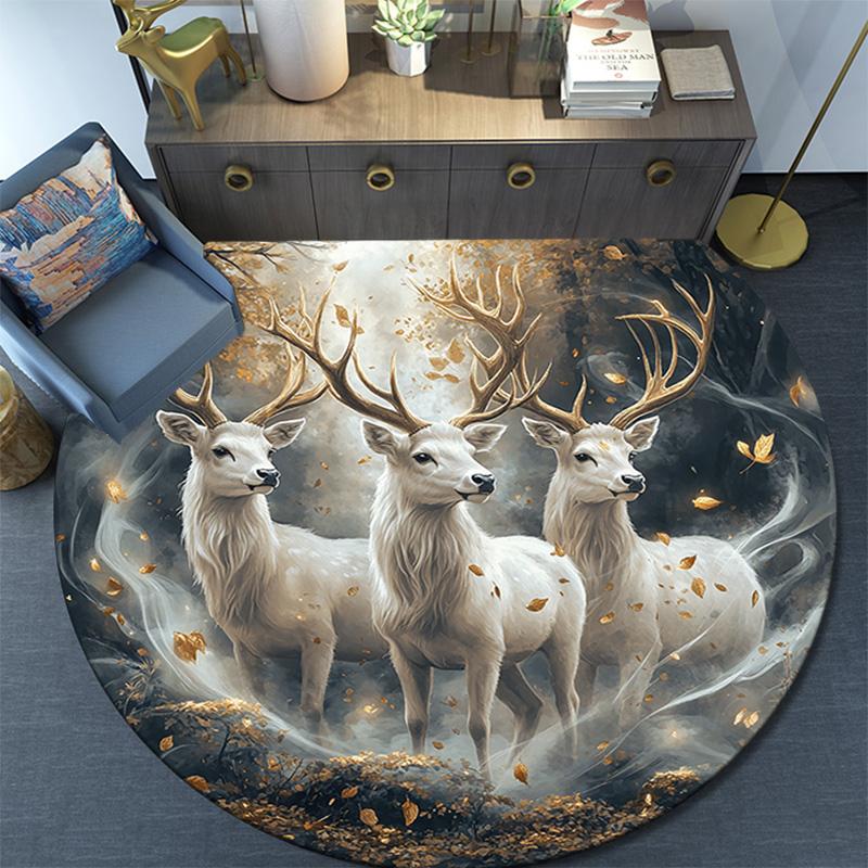 Enchanted Forest Deer Round Area Rug,Carpet Rug for Living Room Bedroom Sofa Playroom Decor,Non-slip Floor Mat