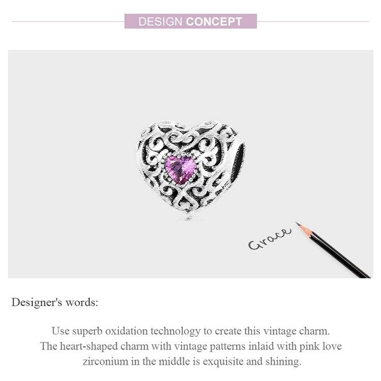 Bisaer Breloc cu inimă cu model Vinatge, inimă goală din argint 925 cu margele de zircon roz pentru femei Brățară Bijuterii fine Cadou