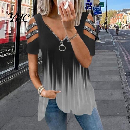 Top da Donna in Seta di Latte T-shirt Estiva Scollatura a V Maniche Corte con Traforo e Decorazioni di Strass Orlo Ampio Colore a Contrasto Degradé Taglia Grande