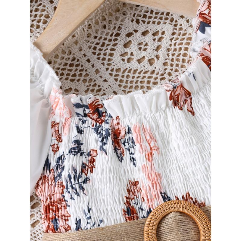 White Waist-Cinching Print Short-Sleeve Round-Neck Casual Dress for Girls