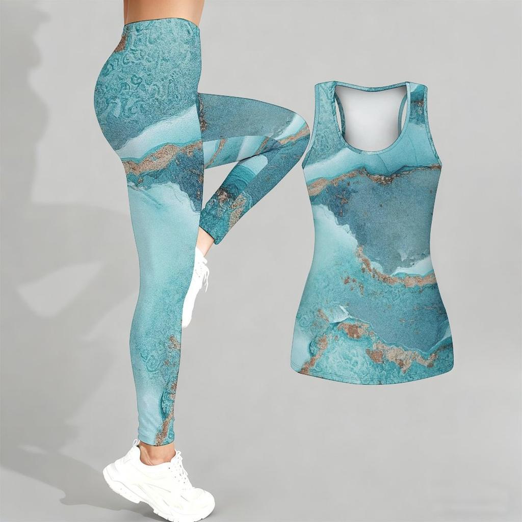 Marble Veining Printed Yoga Outfit for Women Fashion Workout Leggings Fitness Sports Casual Yoga Set Sports Suit