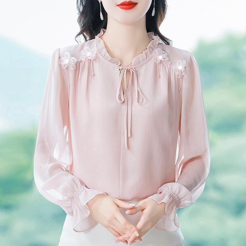 

Шифоновая блузка женская весна осень элегантная стильная с длинным рукавом топ для мам L розовый