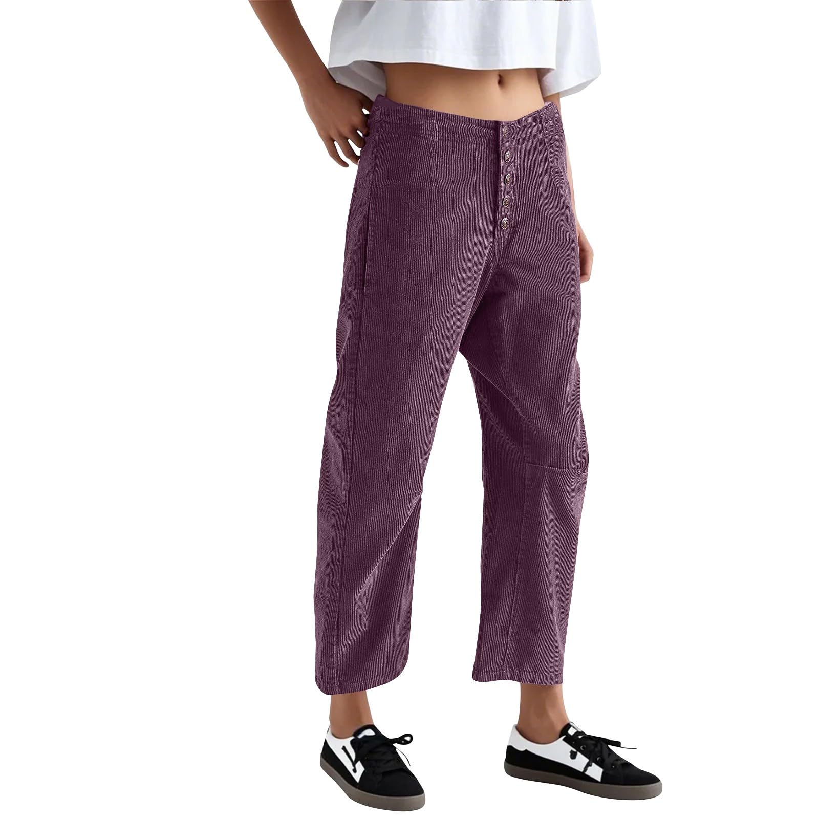 

Ladies Casual Straight Tube Elastic Waist Corduroy With Pocket Pants M фіолетовий