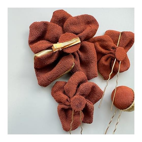 Tsumami Zaiku Hair Ornaments - Orange Brown, Formal Occasions, Bridal, Kimono, Hakama, Graduation, Wedding, Gold Accents