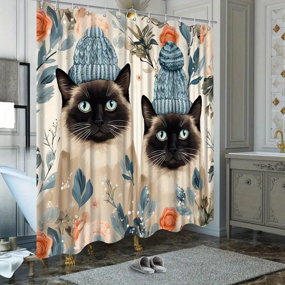 

Забавные сиамские кошки Шторка для душа - Вязаные шапочки и цветочный дизайн, Полиэстер, Устойчивая к выцветанию, Машинная стирка W90xH180cm
