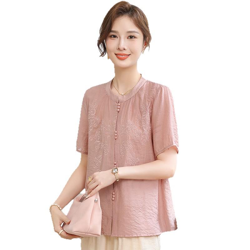 Elegant 2026 Summer Chinese Style Top for Stylish Moms – Short Sleeve Solid Color Shirt for Middle-aged & Elderly Women