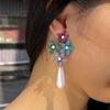 Needle Light Luxury Elegant Full Zircon Colored Flower Pearl Earrings Catwalk Water Drop Pearl Earrings Ear Jewelry