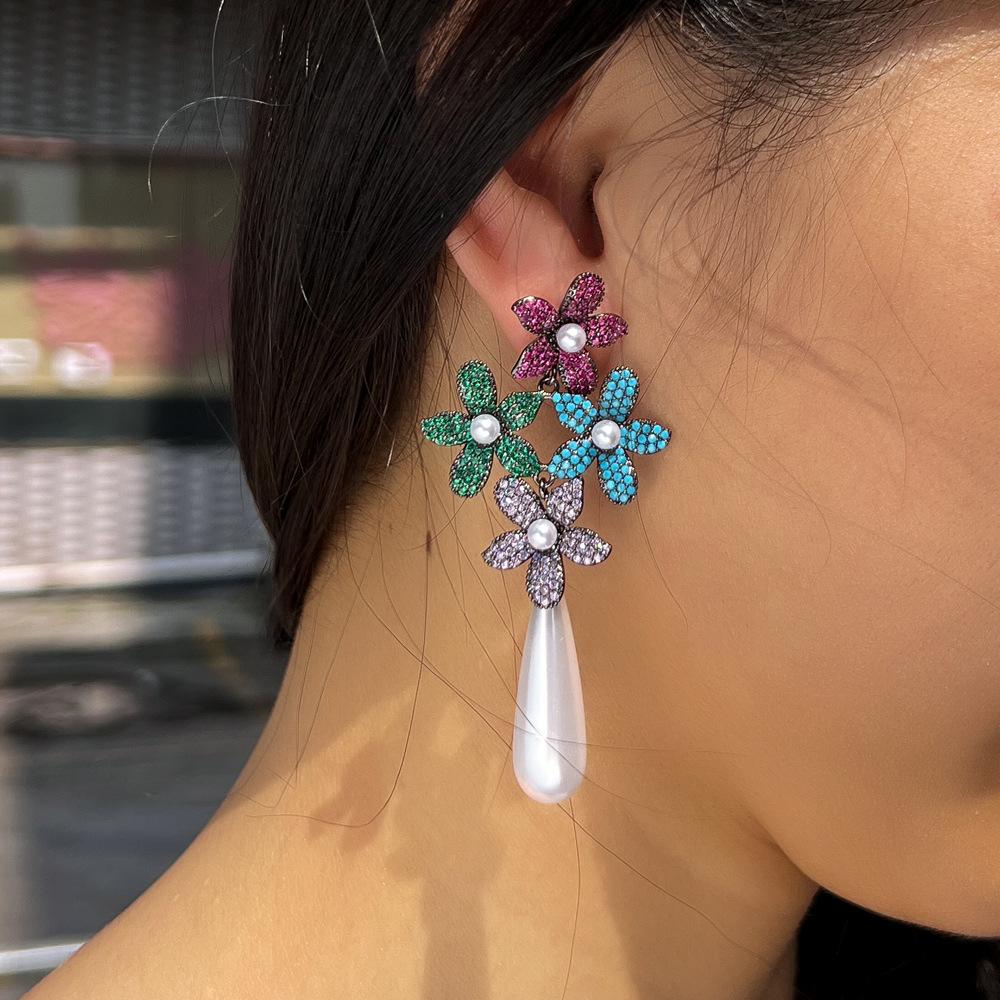Needle Light Luxury Elegant Full Zircon Colored Flower Pearl Earrings Catwalk Water Drop Pearl Earrings Ear Jewelry