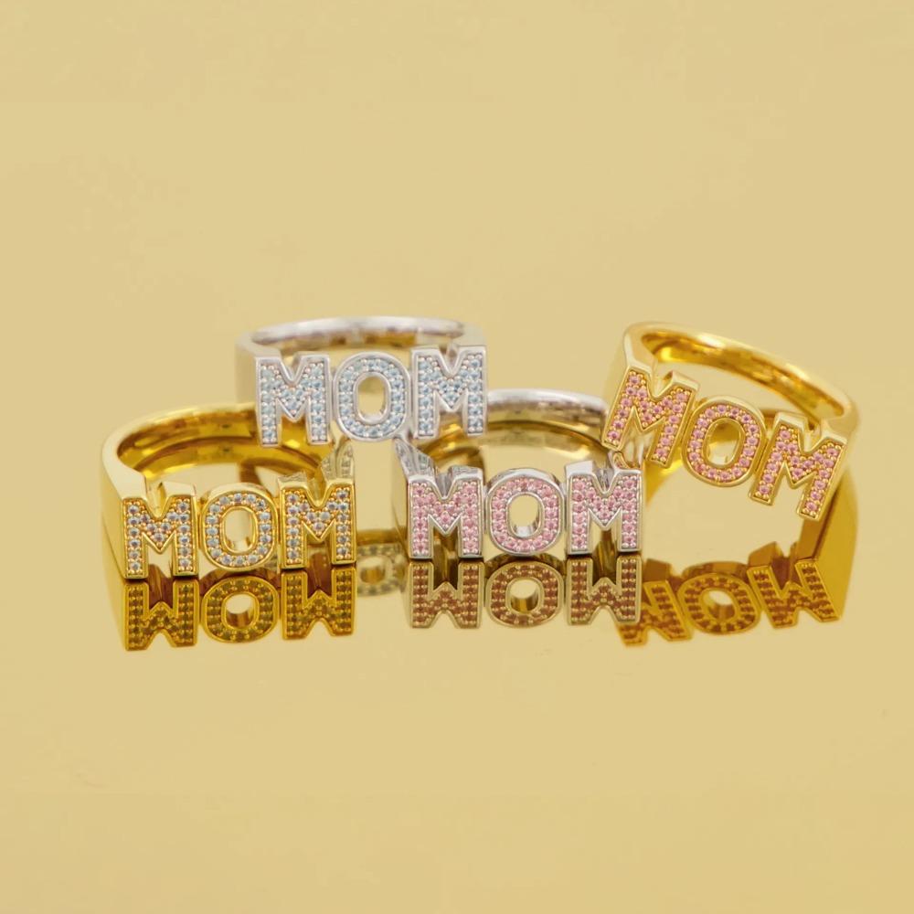 

Aesthetic MOM Ring Zinc Zinc Alloy Gift for Mother s Day Creative Zircon Letter Ring Mom Gift Gold-Blue Zircon
