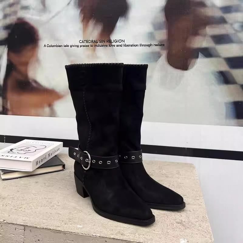 Cowhide version White Deer same leather thick heel medium boots retro belt buckle pointed western cowboy boots knight boots