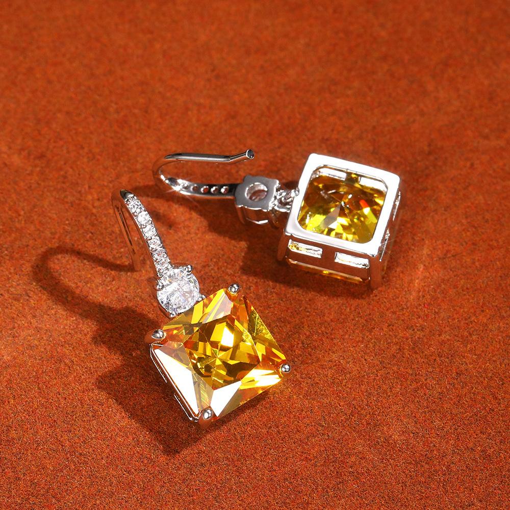 Yellow Square Drop Earrings for Women Elegant Sparkling Hook Jewelry
