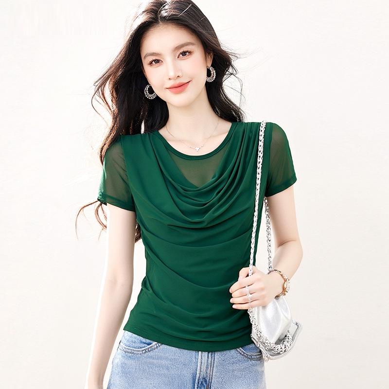 Women s Solid Color Mesh Base Long Sleeve Top - 2026 Spring/Autumn High-End Versatile Lace Design Medium