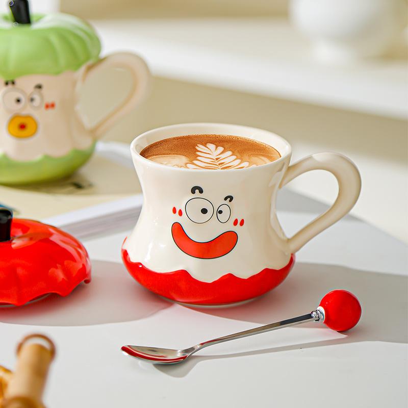Funny Expression Apple Core Drinking Cup with Lid Spoon Souvenir Ceramic Mug Fruit Couple Cup