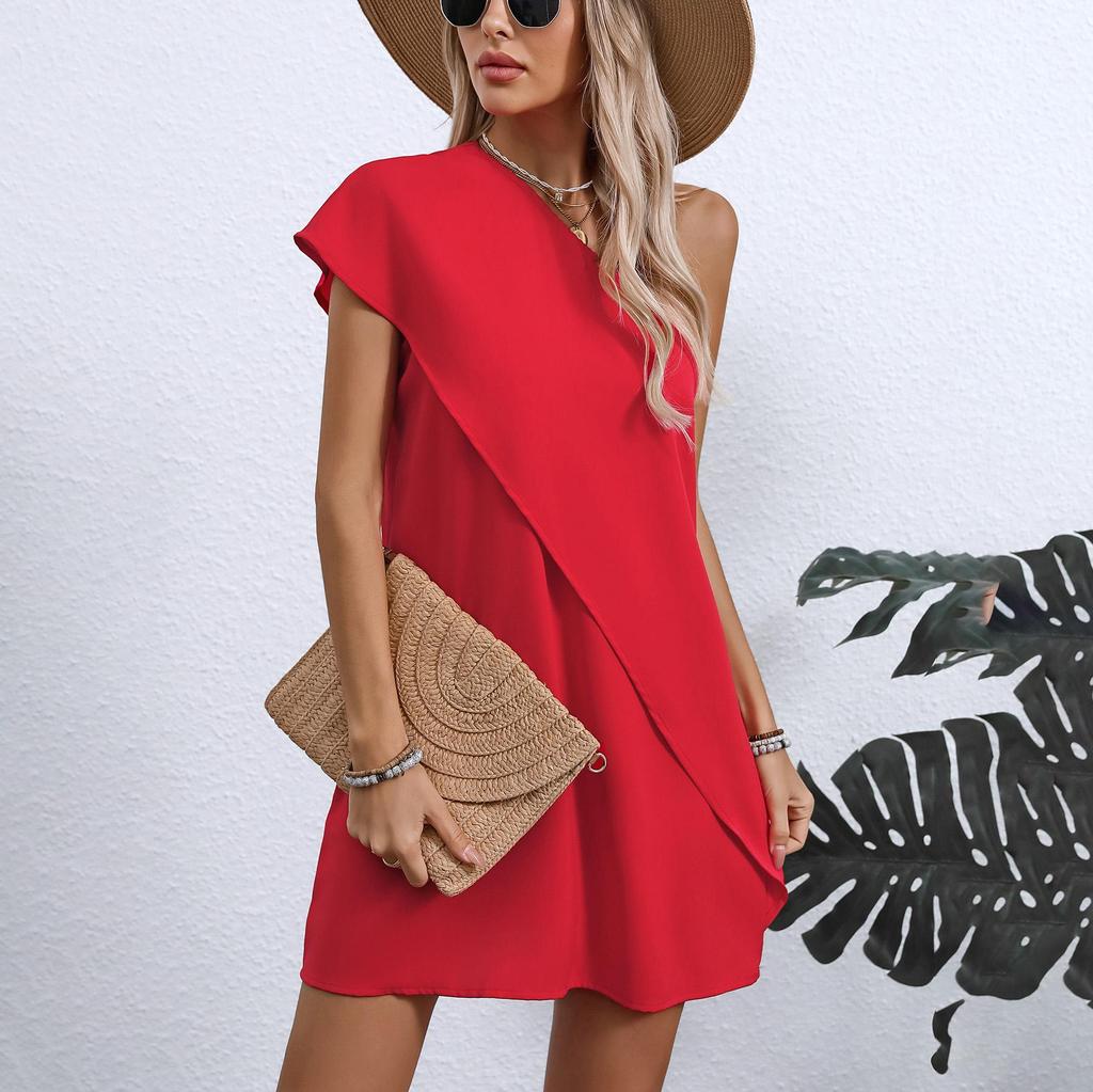 Spring Summer Women Loose Slanted Shoulder Single Sleeve Dresses High Waist Loose Solid Color Sleeveless Mid Length Fake Two Dress S-XL