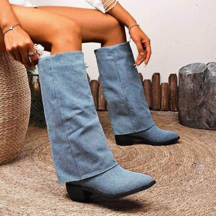 Fashion Vintage Denim Wandering Boots Women 2025 Autumn Pointed Toe Medium Heel Slip On Knee Boots Sexy Designer Women's Shoes