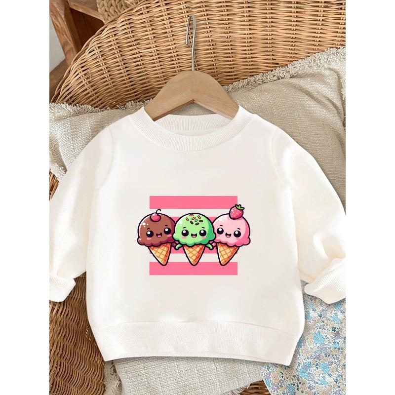 European Sizes Cute Ice Cream Print Kids' Spring Thin Round Neck Sweatshirt 0-3 Years Comfortable Design Suitable for Outdoor Wear