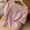 Short-sleeved Navy Collar Ramie Top Literary Retro Cotton and Linen Shirt Doll Collar Loose and Thin