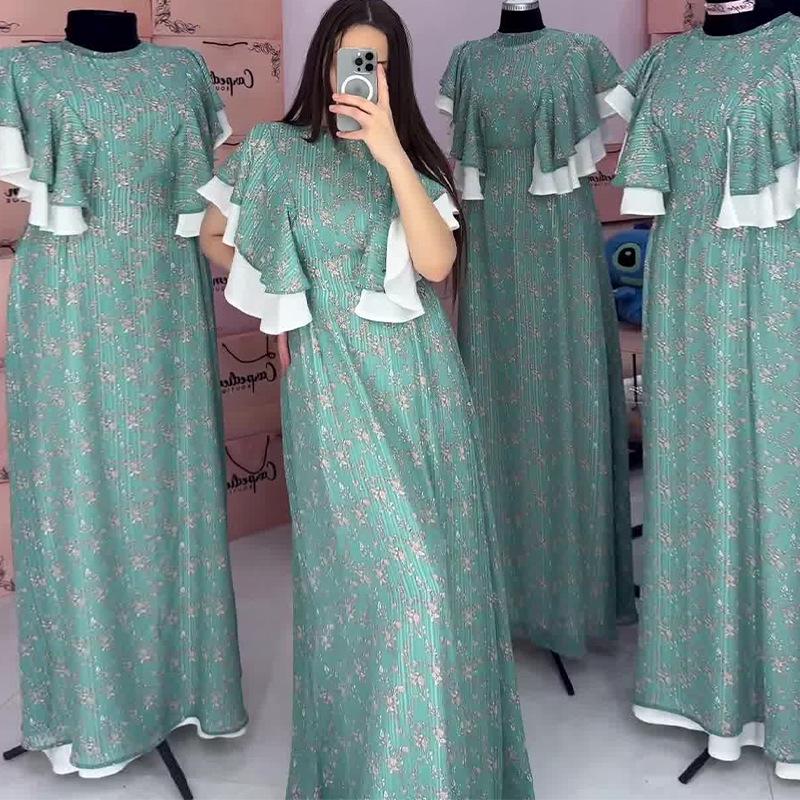 Letnia sukienka w kwiaty z falbankami i blokami kolorystycznymi w stylu europejskim i amerykańskim dla kobiet