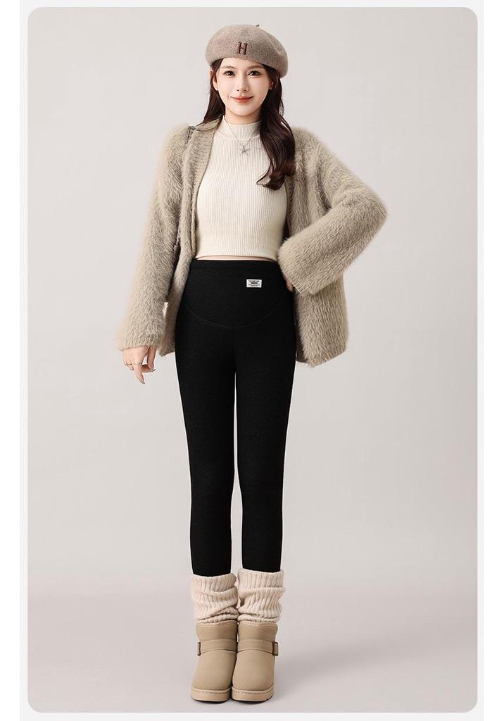 Maternity High Waist Warm Slimming Pants - Plus Size, Velvet Lined, Casual Base Layer for Spring & Autumn