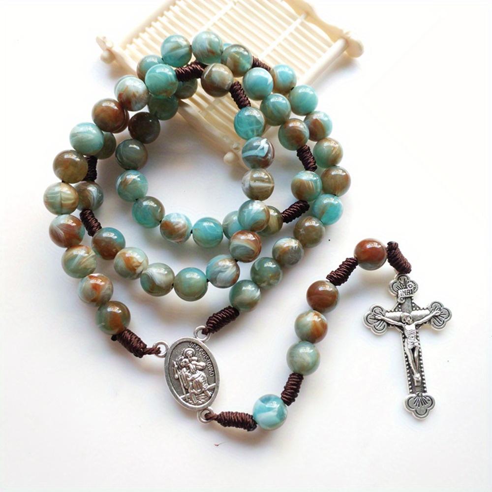 Religious Confirmation Catholic Trinity Crucifix Cross Blue Green Meditation Beads Chain Prayer Chaplet Rosary Necklace Jewelry