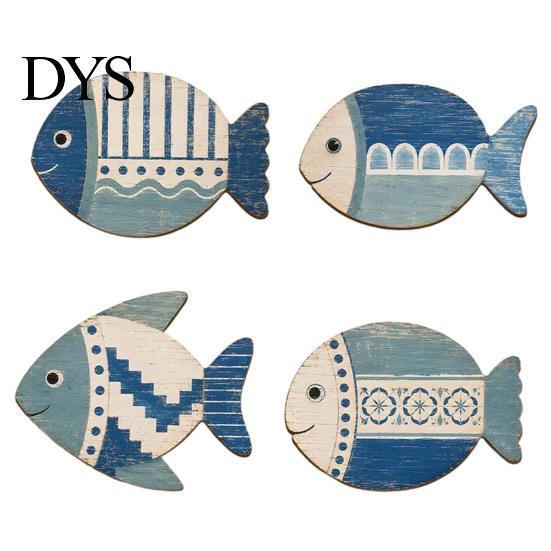 Decorative Fish Sculptures for Walls 4PCS Wooden Wall Decoration, Rustic Mediterranean Style Hanging Plaques, Blue White Plaques Geometric Pattern Art