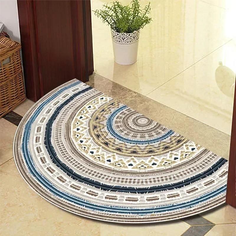 Semi-Circular Mosaic Non-Slip Floor Mat Vintage Floral Geometric Patchwork Patio Entry Porch Balcony High Traffic Area