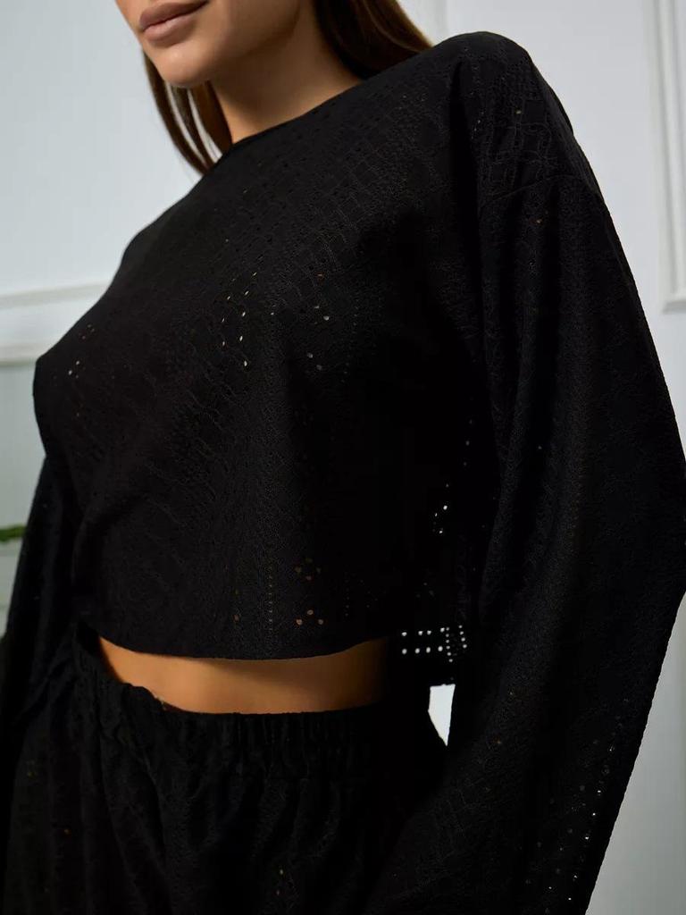 New TEMU Hot-Selling Women's Jacquard Pajama Set - Long Sleeve, High Waist Shorts, Round Neck