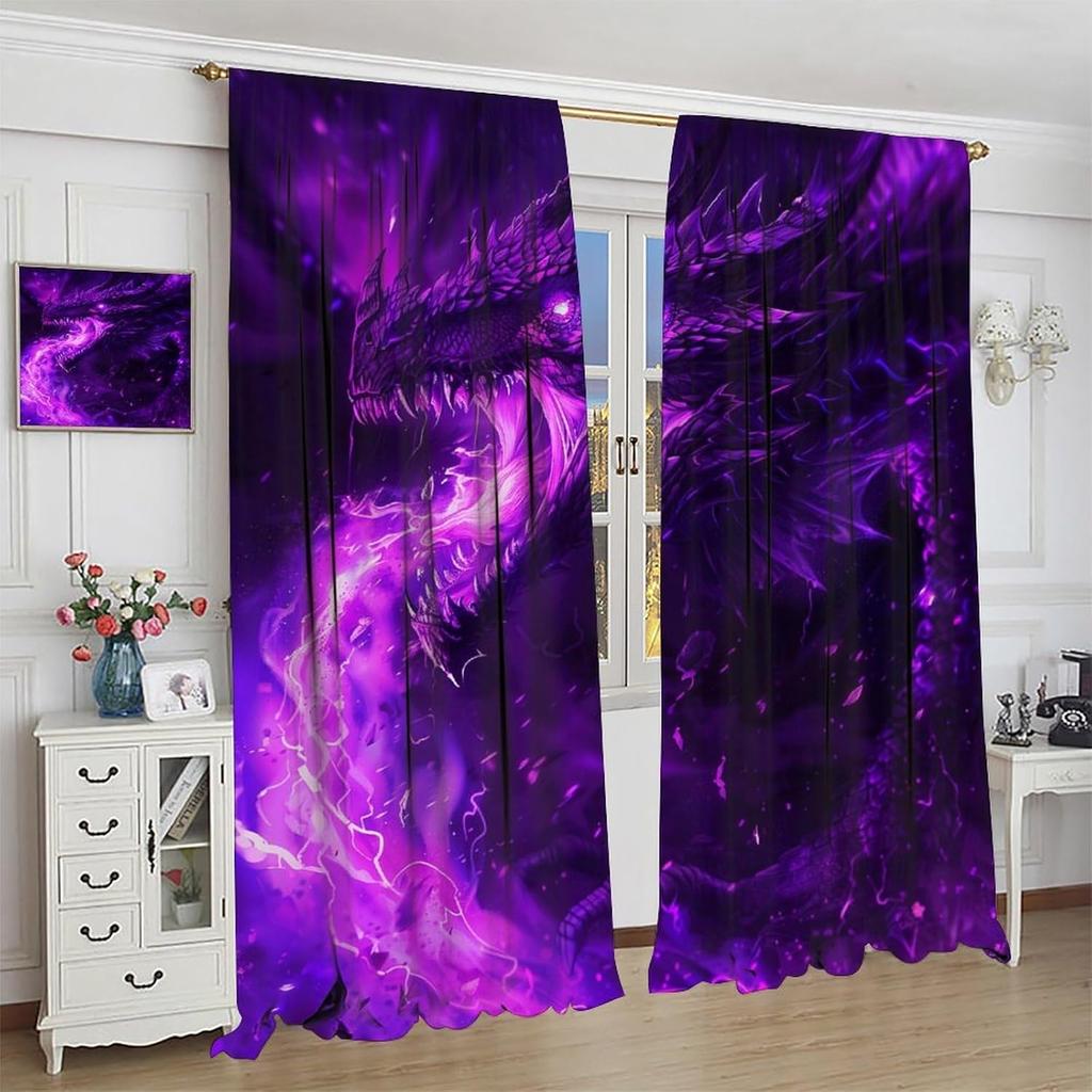 Fantasy Dragon Curtains   Mystery 3D Purple Magic Fantasy Lightning Dragon Flame Window Treatments   Thermally Insulated Rod Pocke