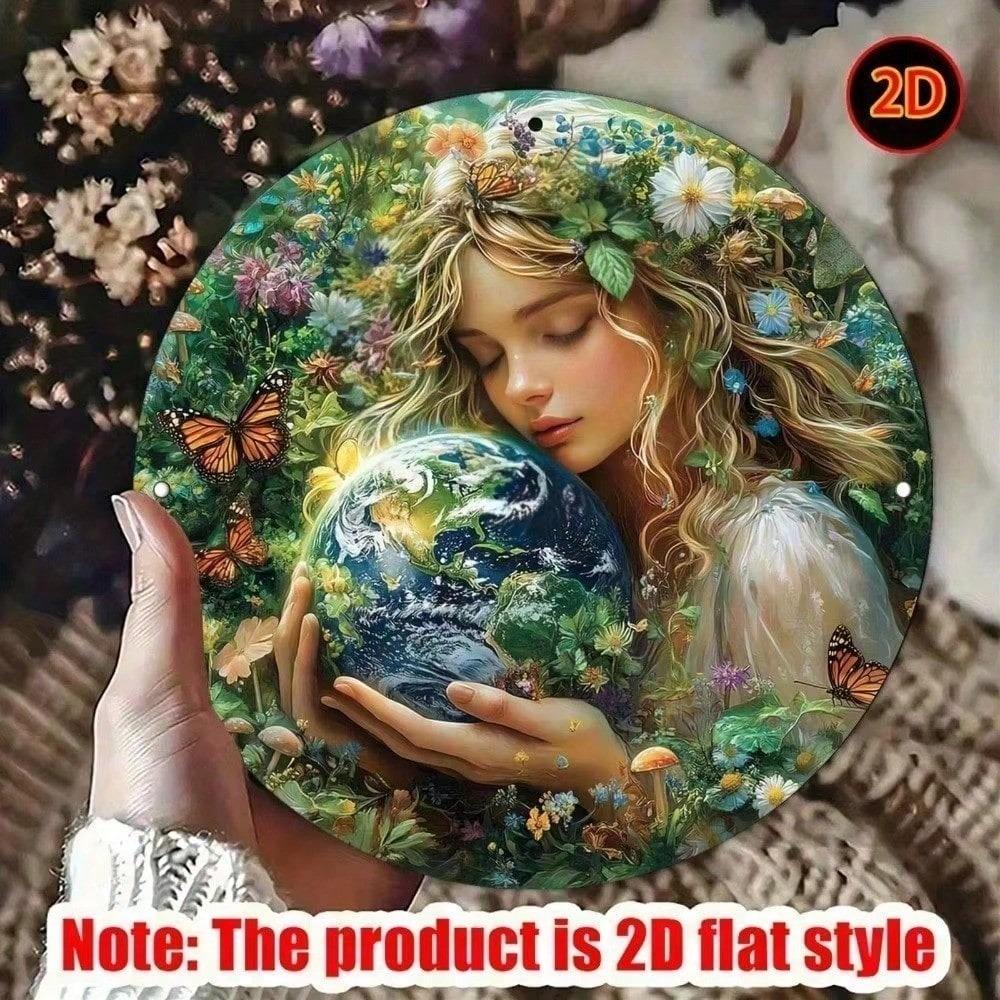 Vintage Round Metal Wall Art Earth Tone Floral Butterfly Girl Decor for Home Living Room Bedroom