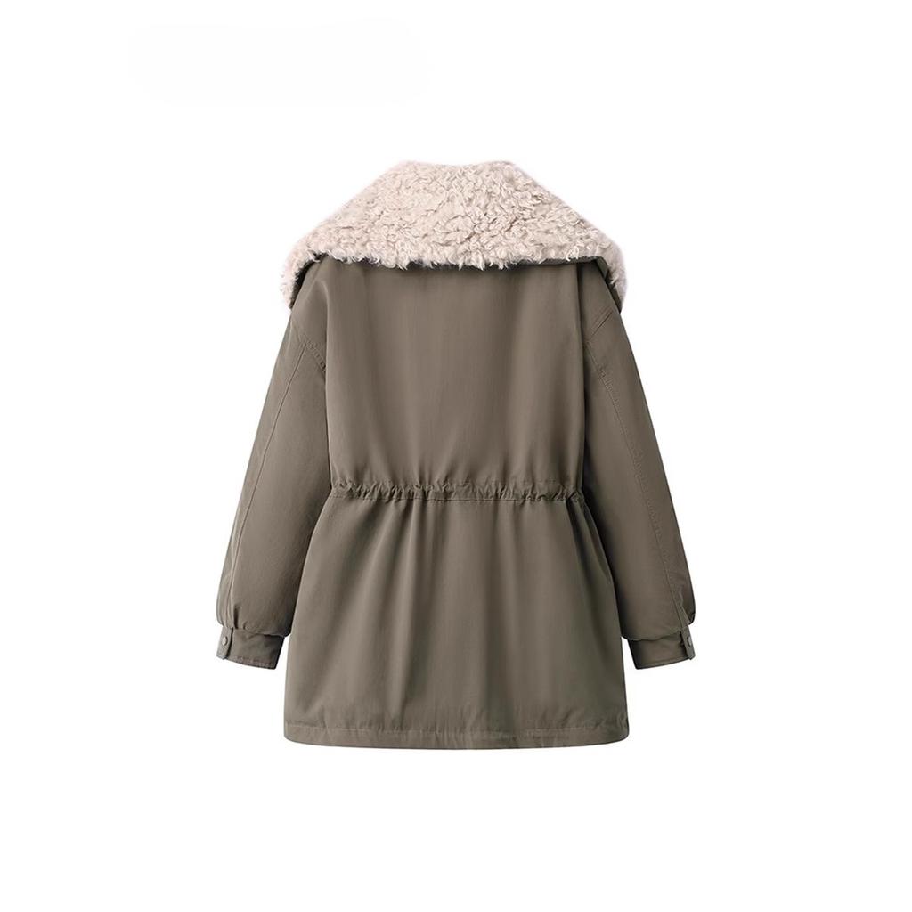 Lamb Wool Big Lapel Horn Buckle Waist-closing Tooling Plus Cashmere Girl New Thickening In Winter To Overcome