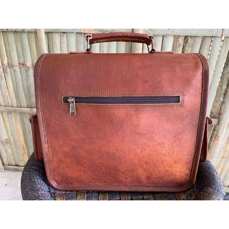 Men's goat leather messenger Real satchel bag genuine laptop brown