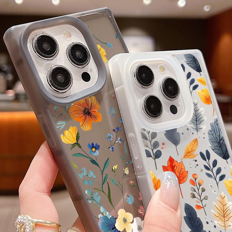 Frosted Square Transparent Phone Case for iPhone 16 Pro 15 14 Plus 13 12 Pro Max 11 Tree Leaves Floral Pattern Tpu Soft Shockproof Slim Cover