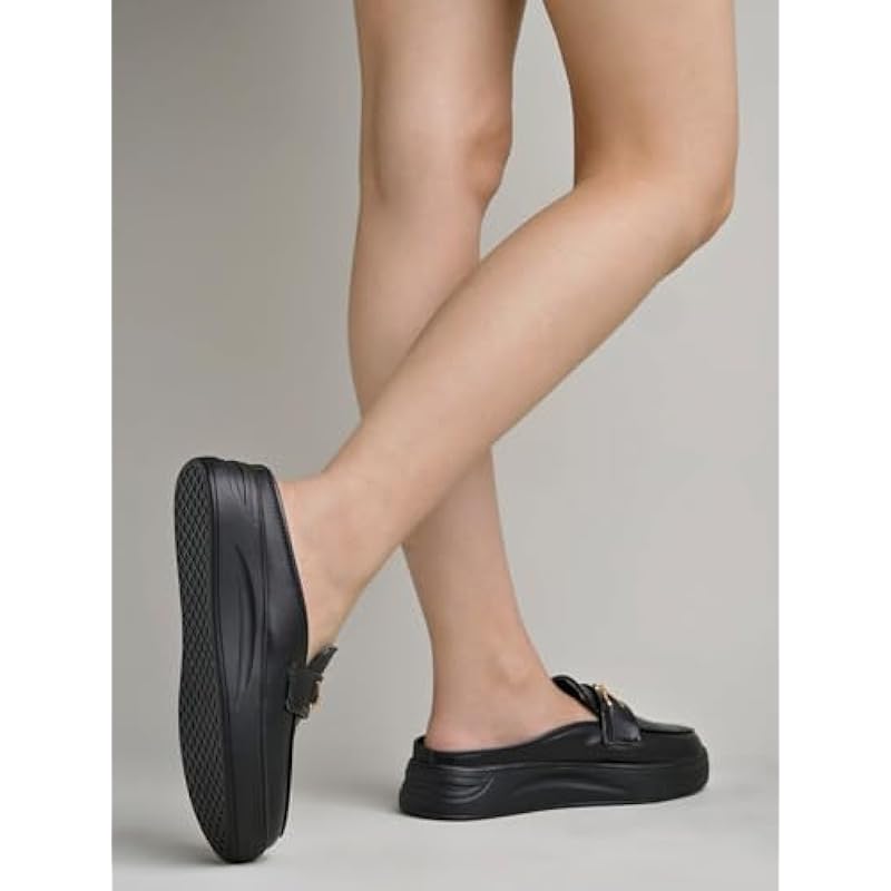 

Women S Quilted Slip-On Loafer Mules With Gold Chain Detail Casual Comfort Platform Backless Shoes Black-Eu37 4 UK чёрный